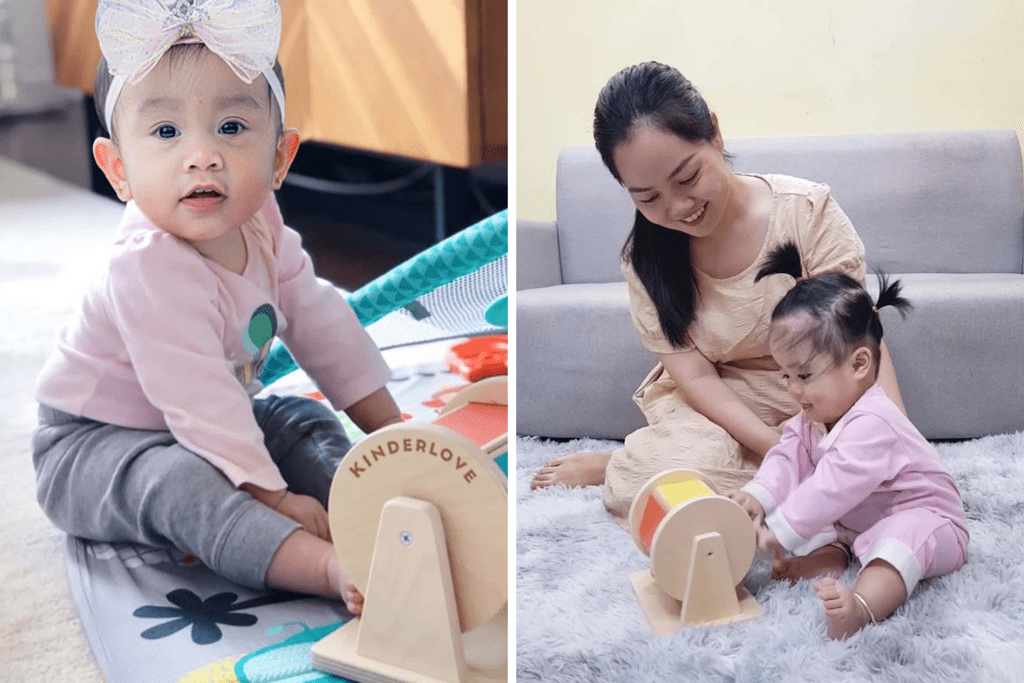 Hình ảnh trẻ chơi Đồ chơi giáo dục và Đồ chơi Montessori Cầu vồng quay trong hộp đồ chơi Cảm Nhận của Kinderlove cho bé 4-5 tháng tuổi