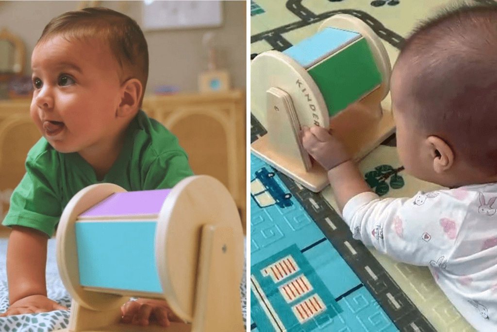 Hình ảnh Đồ chơi giáo dục và Đồ chơi Montessori Cầu vồng quay trong Hộp đồ chơi Cảm Nhận cho tháng thứ 5-6