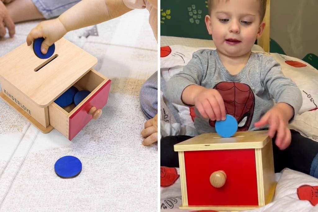 Hình ảnh Đồ chơi giáo dục và Đồ chơi Montessori Hộp xu gỗ trong Hộp đồ chơi Chuyển Động của Kinderlove cho trẻ tháng 14-15 tháng tuổi