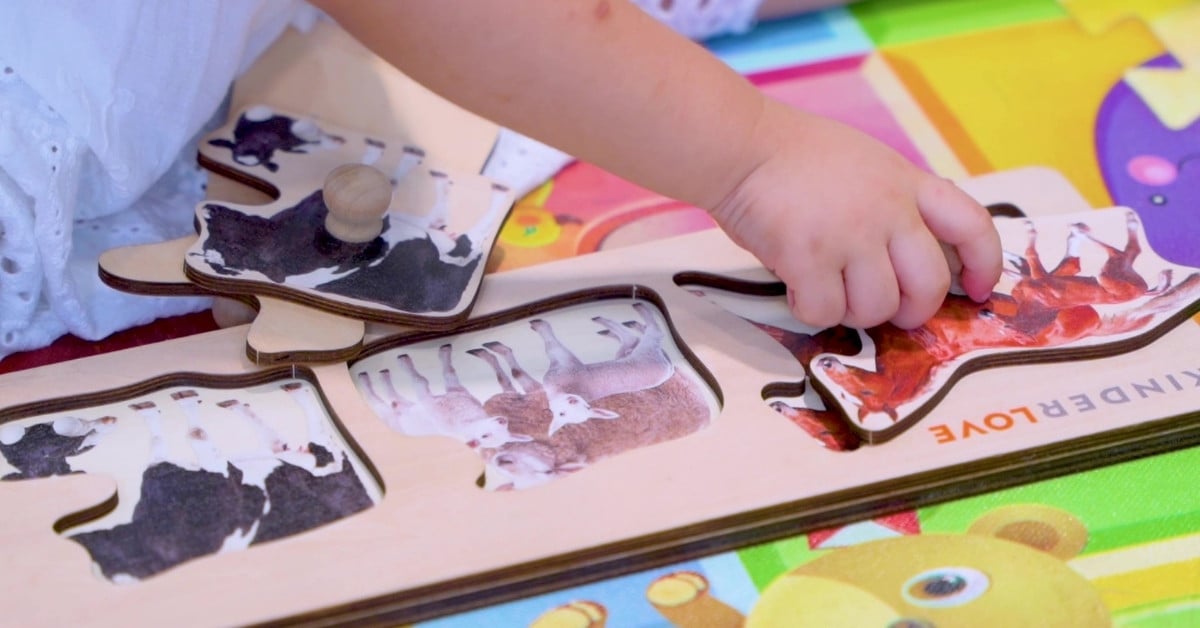 Hình ảnh trẻ chơi đồ chơi trí tuệ Ghép hình nông trại của Kinderlove