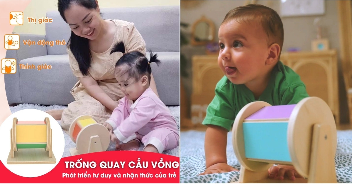 Hình ảnh trẻ chơi đồ chơi giáo dục Trống quay cầu vồng của Kinderlove