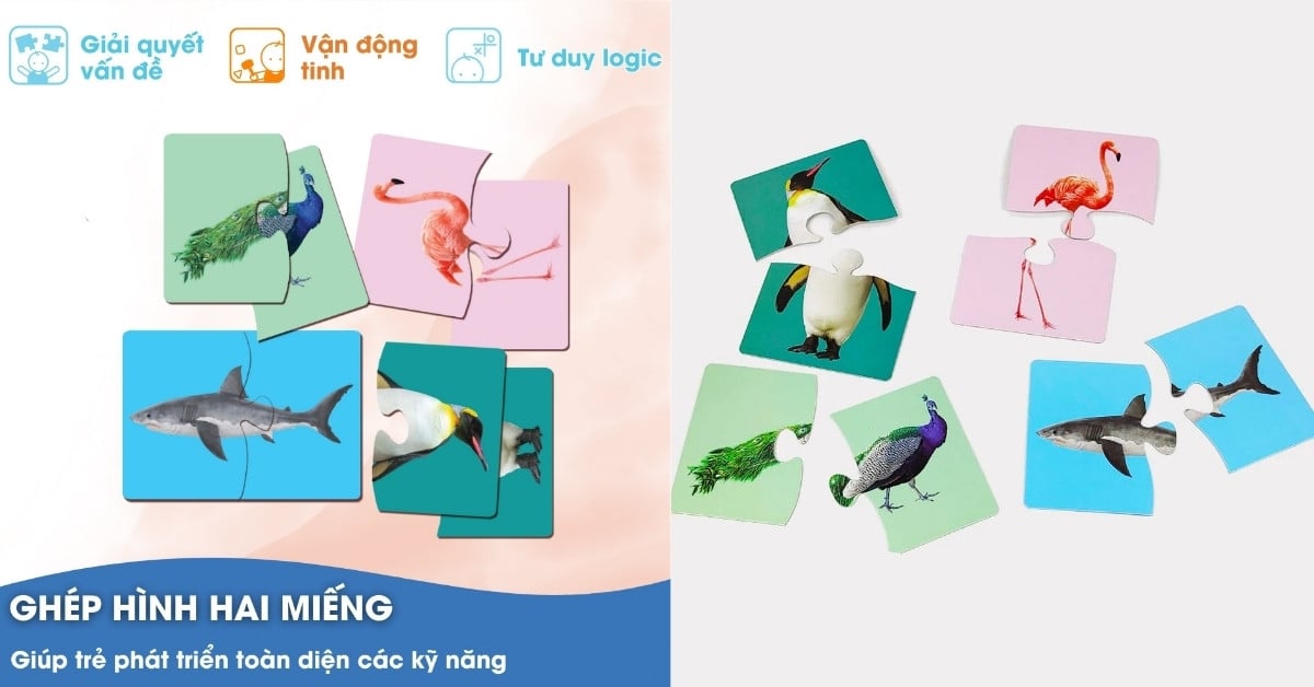 Ghép Hình Hai Miếng là bộ đồ chơi thông minh yêu cầu trẻ sắp xếp và kết hợp các mảnh ghép để hoàn thành bức tranh các con vật mà trẻ yêu thích