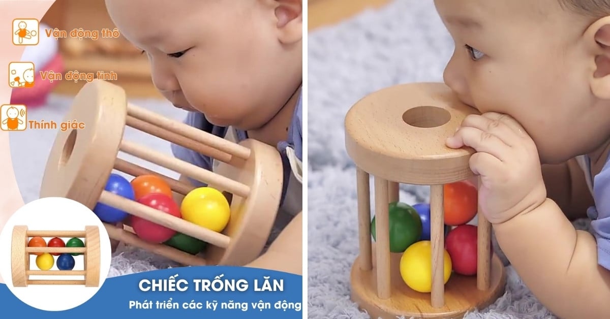 Chiếc trống lăn là đồ chơi Montessori  được thiết kế để thu hút trẻ chơi đùa và học tập một cách vui vẻ