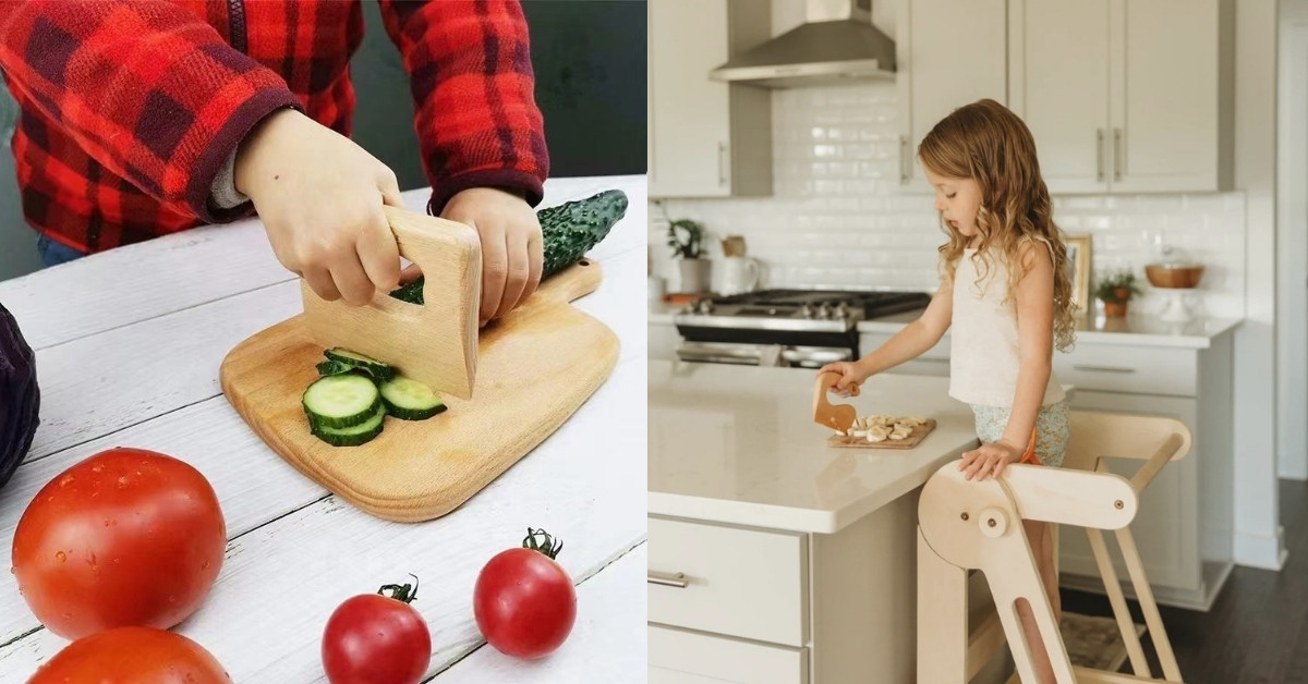 Hình ảnh trẻ chơi đồ chơi Cán bột và dao gỗ của Kinderlove