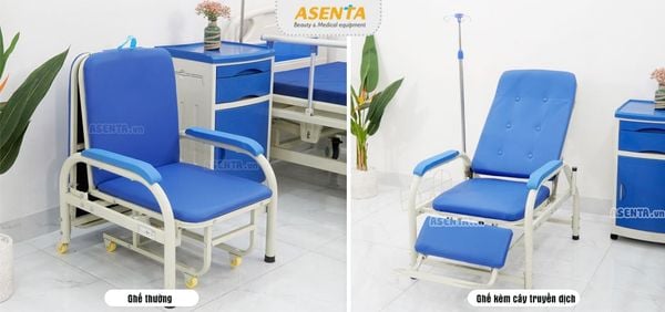 Ghế giường chăm sóc bệnh nhân có cây truyền dịch và không