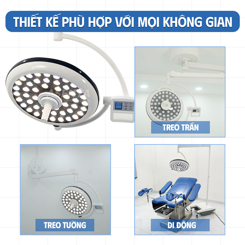Đèn có các kiểu lắp đa dạng như: Treo trần, treo tường và di động. Điều này giúp đa dạng không gian sử dụng và ứng dụng rộng rãi trong y tế.