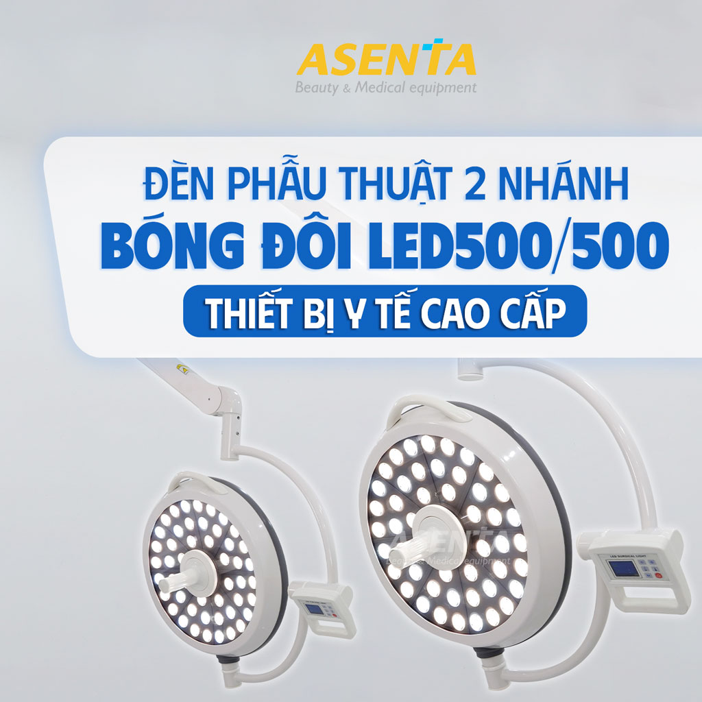 Đèn phẫu thuật 2 nhánh treo trần LED500/500 trang bị 48 bóng * 2 nhánh.