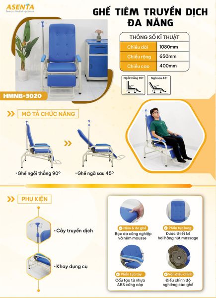 Mẫu ghế giường chăm sóc bệnh nhân 2 trong 1 có sẵn cây truyền dịch