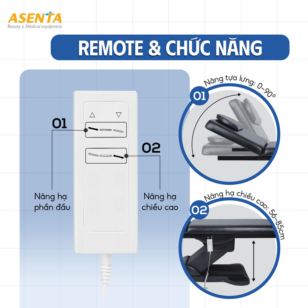 Giường HMBB-8050 trang bị 2 động cơ, với 2 chức năng chính là nâng/ hạ chân và nâng / hạ đầu.