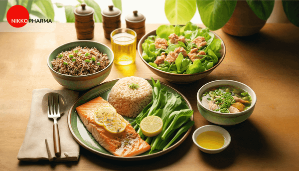 Bữa trưa lành mạnh gồm cơm gạo lứt, cá hồi áp chảo sốt chanh, canh rau ngót nấu thịt băm, salad rau xanh với dầu oliu