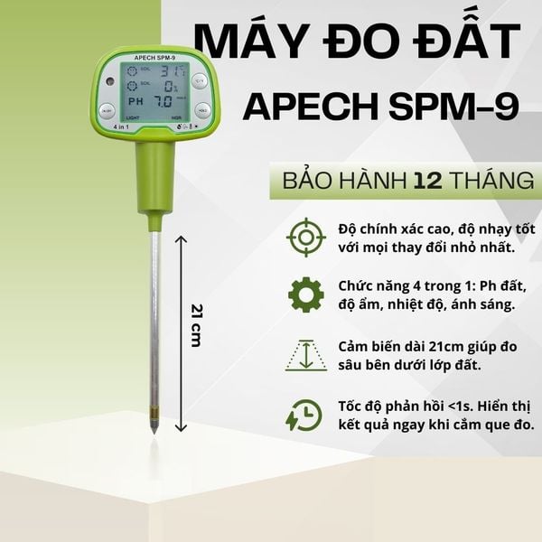 Máy đo pH đất, nhiệt độ, độ ẩm, ánh nắng APECH SPM-9 (4-in-1)