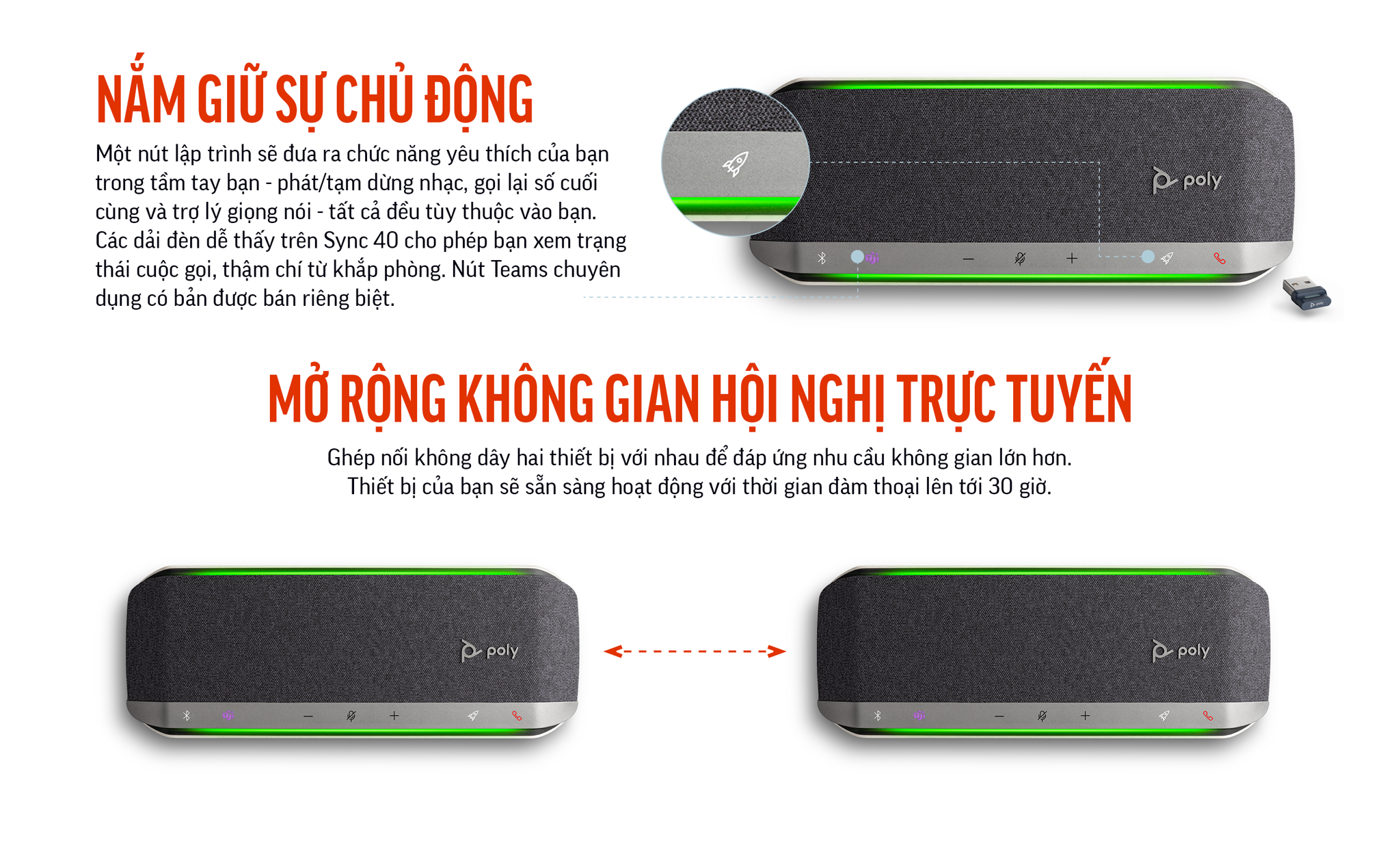 HP Poly Sync 40 (HP SKU: 77P35AA ; Poly SKU: 216875-01) là sản phẩm loa hội nghị cho phòng họp cỡ vừa của thương hiệu Poly (trước đây là Plantronics, nay là một phần của HP). Có khả năng mở rộng phạm vi thu âm cho các phòng họp nhờ tính năng kết nối Daisy-chain lên đến 2 unit Poly Sync 40.