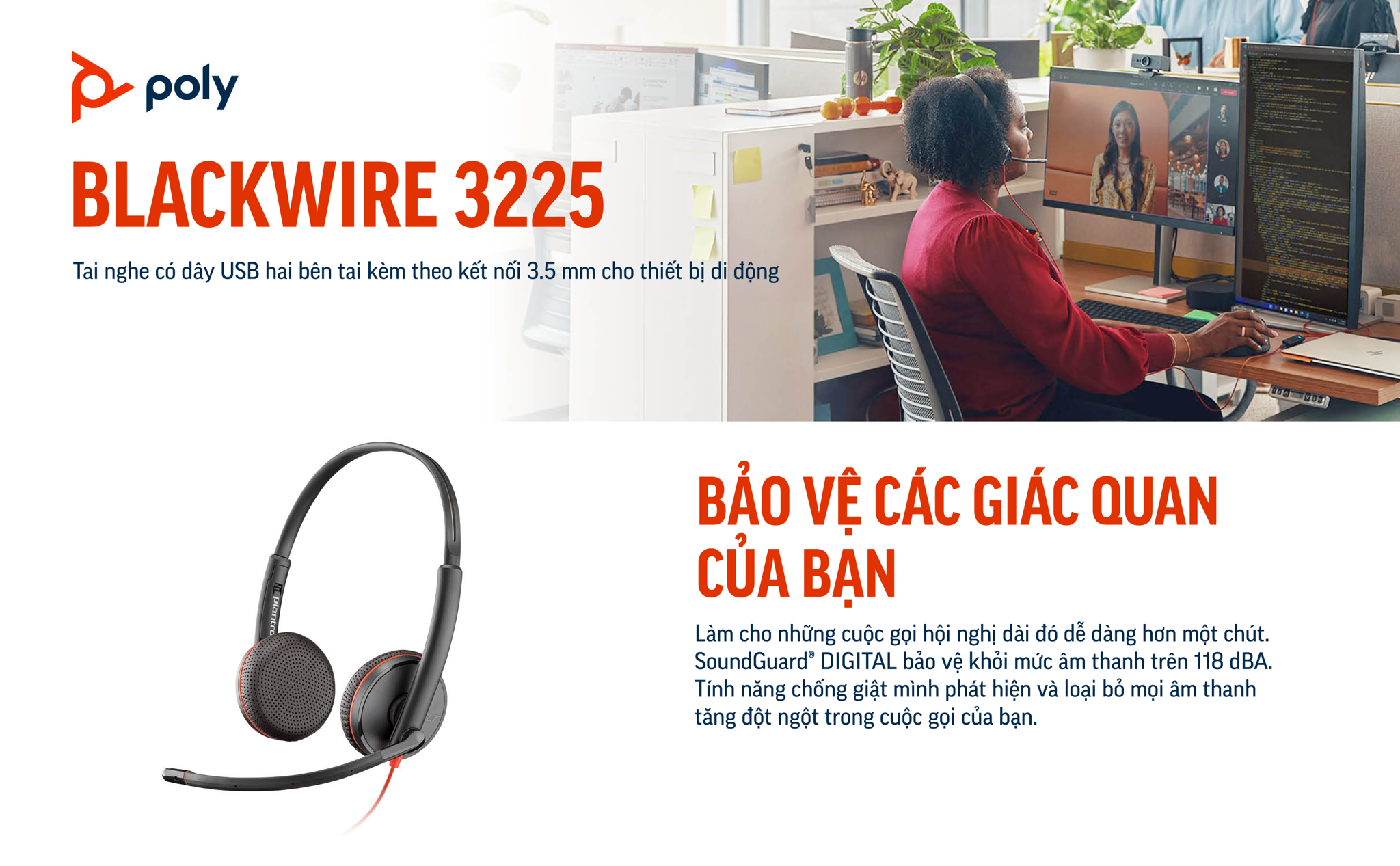Tai nghe có dây USB hai bên tai kèm theo kết nối 3.5 mm cho thiết bị di động