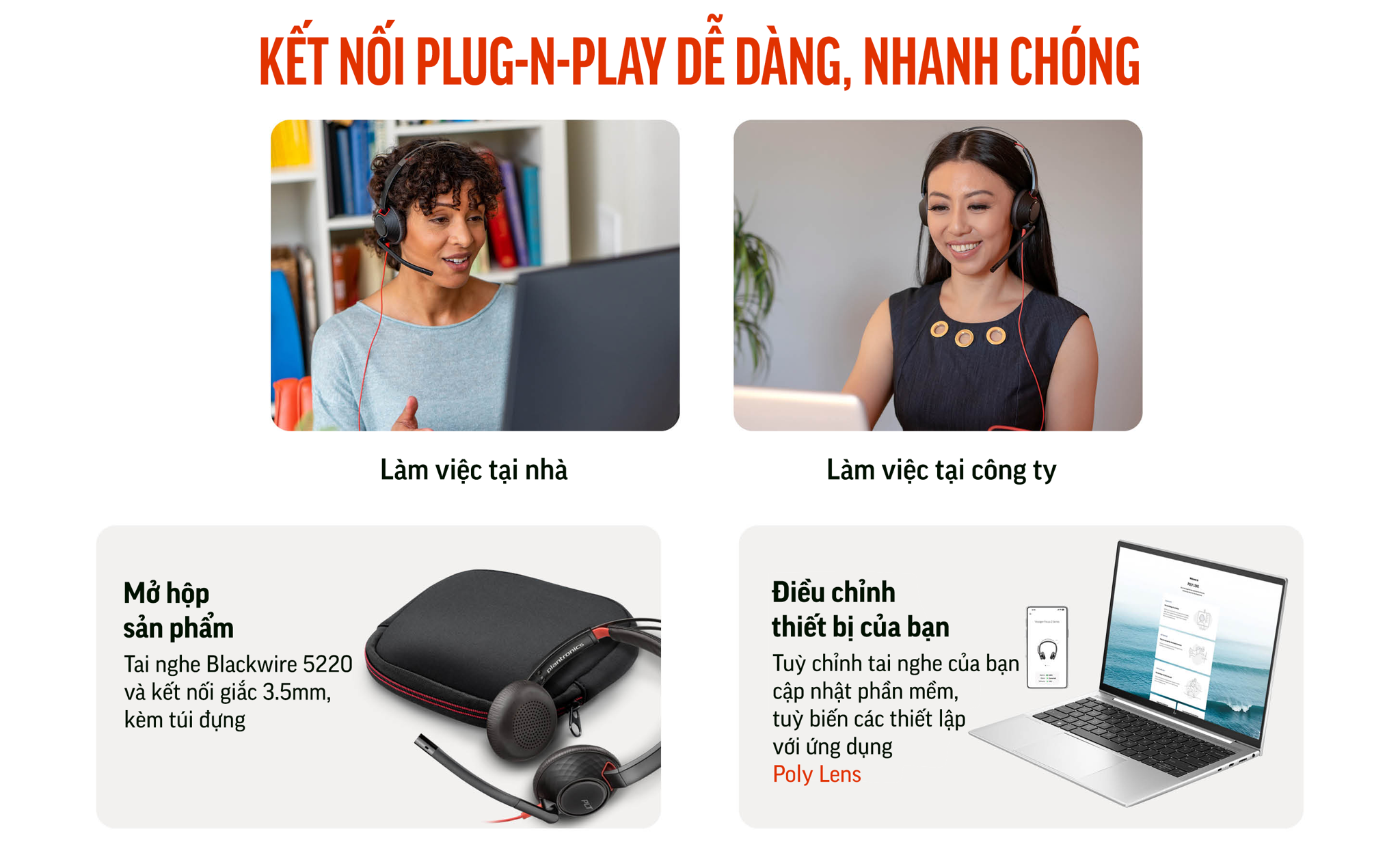 Tai nghe có dây cho doanh nghiệp HP Poly Blackwire 5220, C5220 USB-A + 3.5mm Plug (Poly SKU: 207576-201 ; HP SKU: 80R97AA) thiết kế hai bên tai kết nối với PC thông qua USB-A. Được trang bị đệm tai lớn chống ồn thụ động, tai nghe thuộc phân khúc trung cấp của Poly (trước đây là Plantronics, nay là một phần của HP).