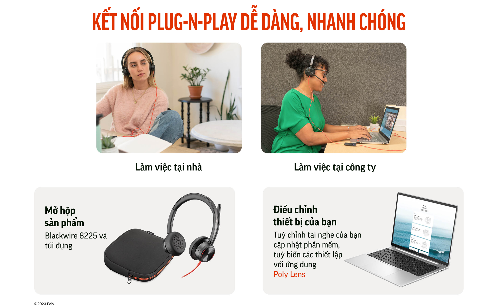 Tai nghe Poly (trước đây Plantronics) Blackwire 8225, BW8225-M USB-C chứng nhận cho Microsoft Teams (HP SKU: 772K5AA ; Poly SKU: 214409-01) là tai nghe cao cấp thiết kế hai bên tai kết nối PC qua USB-A hoặc USB-C. Micrô hỗ trợ lọc nhiễu hỗn hợp Hybrid Active-noise cancelling và chống ồn công nghệ Acoustic Fence.
