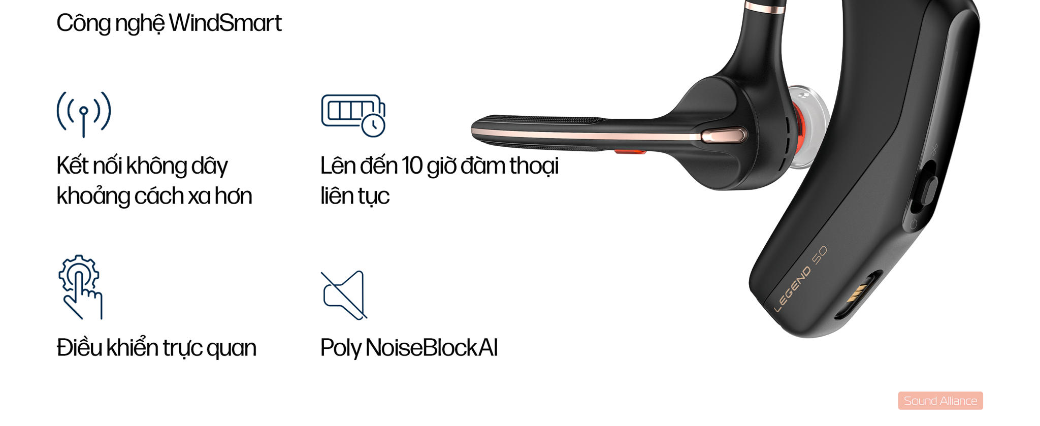 Tai nghe đàm thoại thế hệ mới nhất HP Poly Voyager Legend 50 kết nối Bluetooth v5.4 với hai thiết bị đồng thời, chống ồn cao cấp với dải 4 micrô kế thừa các công nghệ độc quyền như Windsmart, NoiseBlockAI, ra lệnh bằng giọng nói, sạc không dây chuẩn Qi,...giúp bạn luôn nổi bật trong mọi cuộc hội thoại.