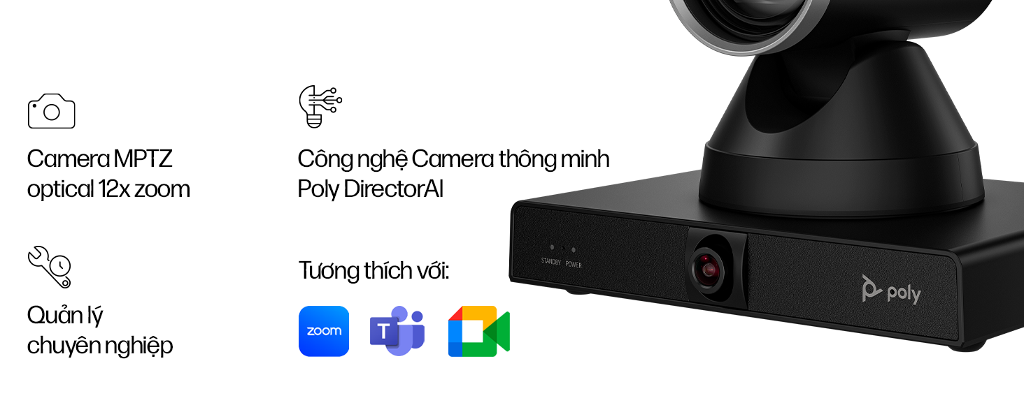 Camera MPTZ  optical 12x zoom. Công nghệ Camera thông minh Poly DirectorAI.