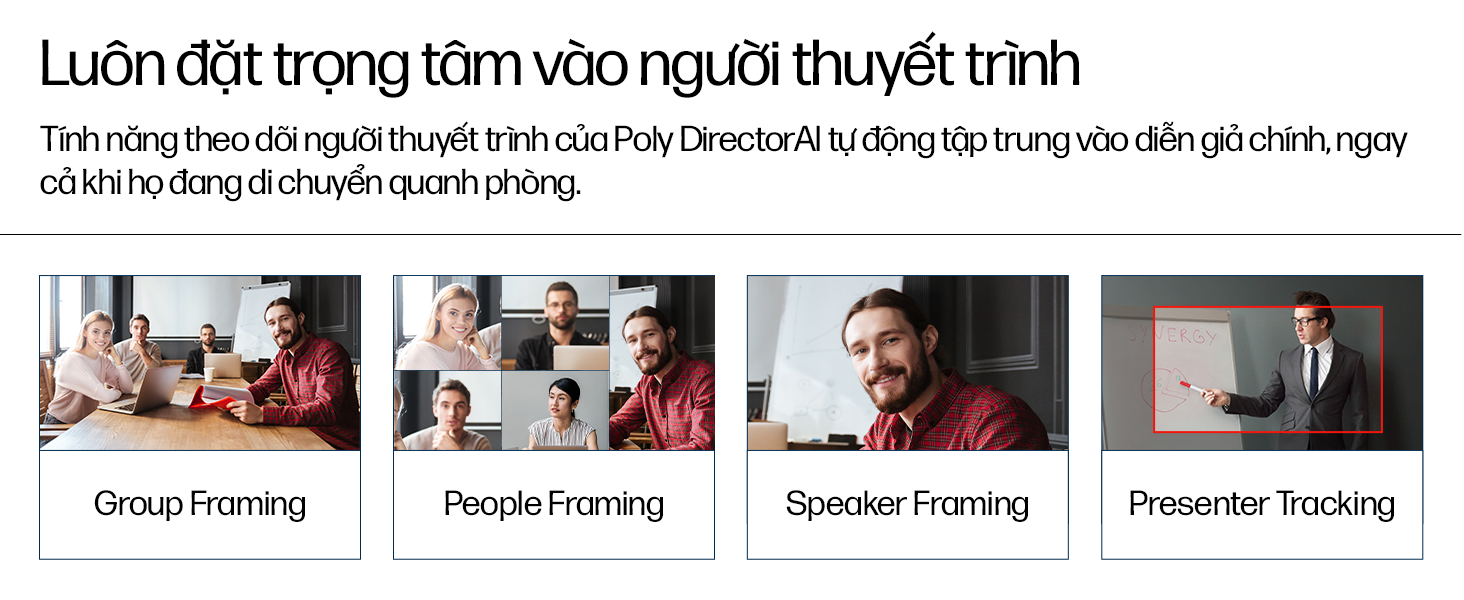 Tính năng theo dõi người thuyết trình của Poly DirectorAI tự động tập trung vào diễn giả chính, ngay cả khi họ đang di chuyển quanh phòng.