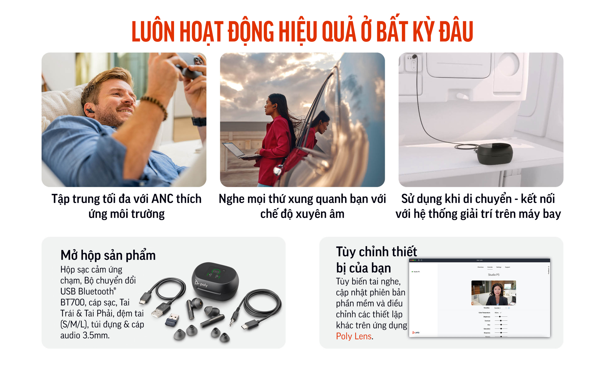 Poly Voyager Free 60+ UC chứng nhận cho Microsoft Teams (HP SKU: 7Y8G9AA ; Poly SKU: 216066-01) được trang bị hộp sạc có màn hình chạm cảm ứng cao cấp. Voyager Free 60+ UC của Poly & HP kế thừa âm thanh đẳng cấp từ Plantronics, ngoài ra còn được nâng cấp các tính năng chống ồn độc quyền từ Poly.