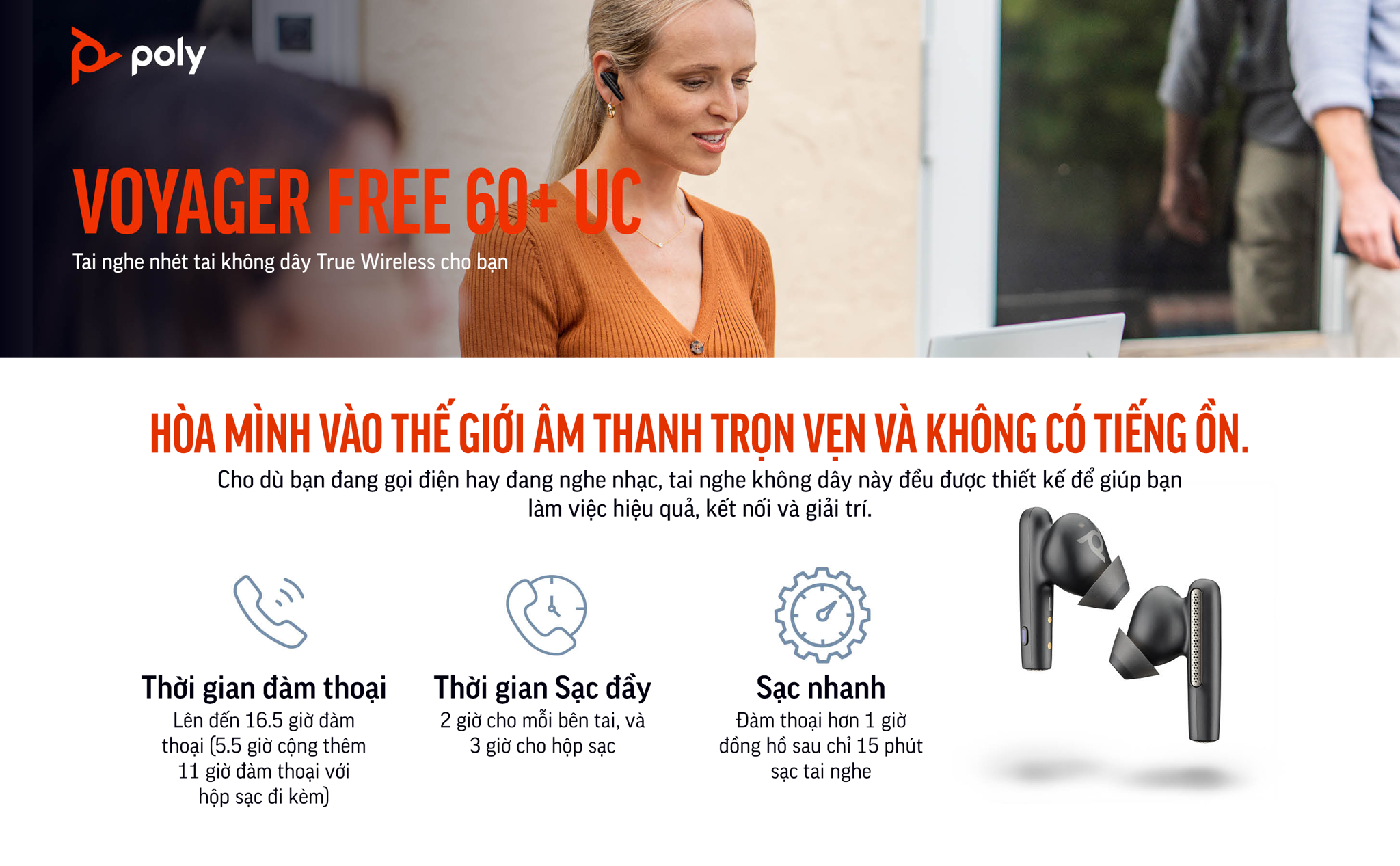 Poly Voyager Free 60+ UC chứng nhận cho Microsoft Teams (HP SKU: 7Y8H0AA ; Poly SKU: 216066-02) được trang bị hộp sạc có màn hình chạm cảm ứng cao cấp. Voyager Free 60+ UC của Poly & HP kế thừa âm thanh đẳng cấp từ Plantronics, ngoài ra còn được nâng cấp các tính năng chống ồn độc quyền từ Poly.