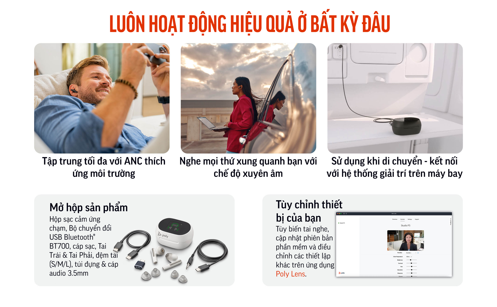 Poly Voyager Free 60+ UC chứng nhận cho Microsoft Teams (HP SKU: 7Y8G8AA ; Poly SKU: 216755-02) được trang bị hộp sạc có màn hình chạm cảm ứng cao cấp. Voyager Free 60+ UC của Poly & HP kế thừa âm thanh đẳng cấp từ Plantronics, ngoài ra còn được nâng cấp các tính năng chống ồn độc quyền từ Poly.