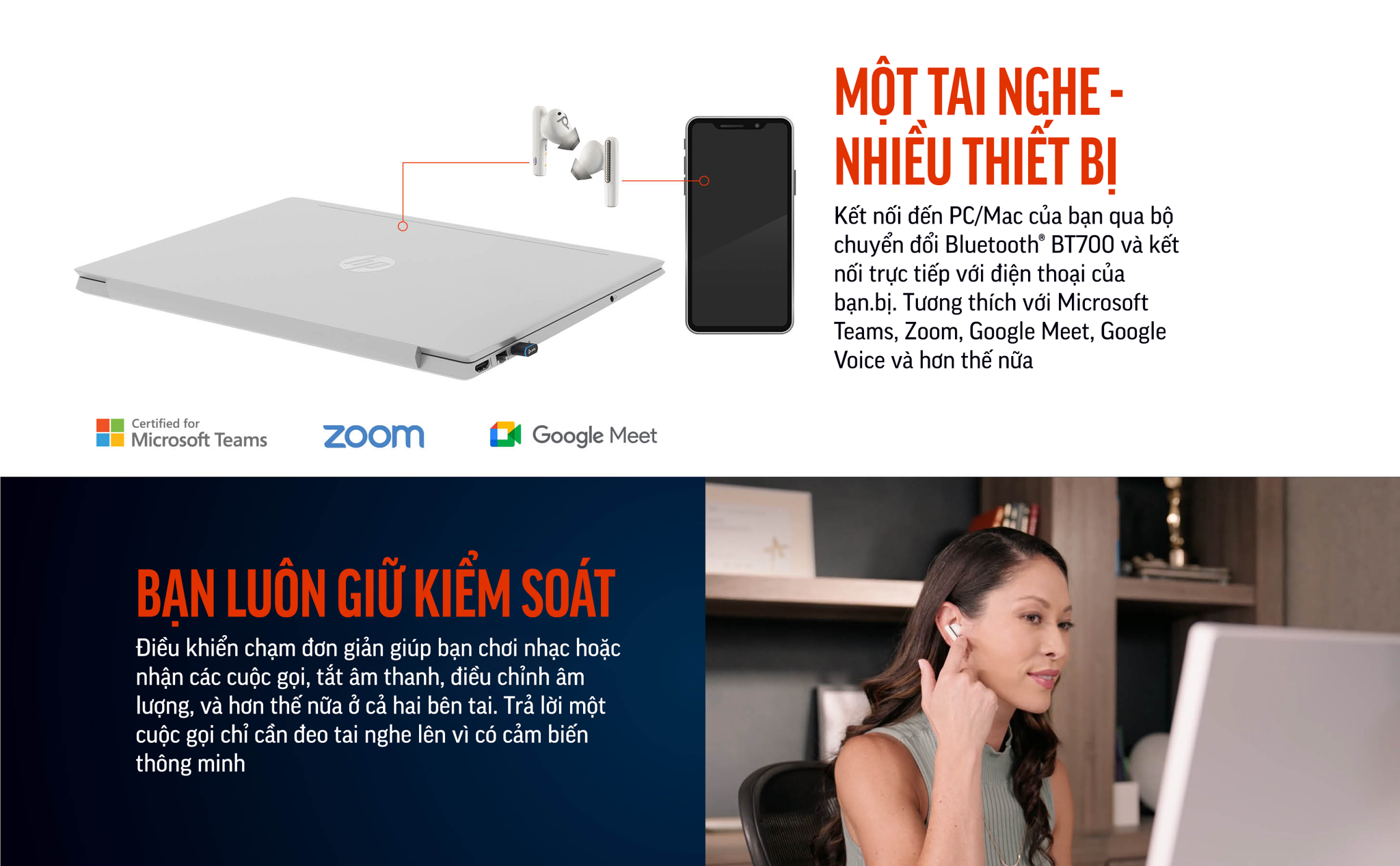 Tai nghe nhét tai Poly Voyager Free 60 UC chứng nhận Microsoft Teams (HP SKU: 7Y8L5AA ; Poly SKU: 220759-01) là dòng sản phẩm tai nghe nhét tai true wireless đầu tiên của Poly & HP được ra mắt tại các triển lãm CES 2023 và ISE 2023. Voyager Free 60 UC có các công nghệ âm thanh tiên tiến, micrô lọc ồn, chống ồn gió.