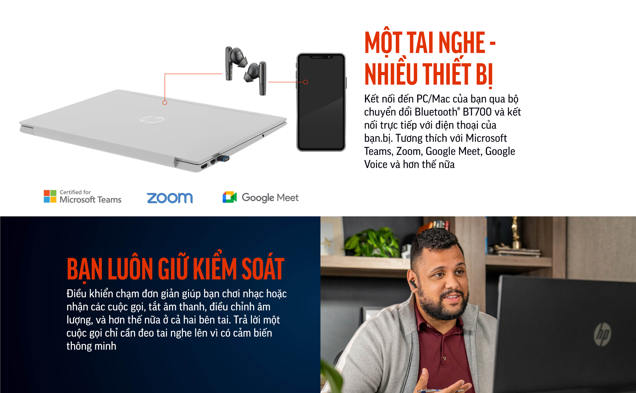 Poly Voyager Free 60+ UC chứng nhận cho Microsoft Teams (HP SKU: 7Y8H0AA ; Poly SKU: 216066-02) được trang bị hộp sạc có màn hình chạm cảm ứng cao cấp. Voyager Free 60+ UC của Poly & HP kế thừa âm thanh đẳng cấp từ Plantronics, ngoài ra còn được nâng cấp các tính năng chống ồn độc quyền từ Poly.