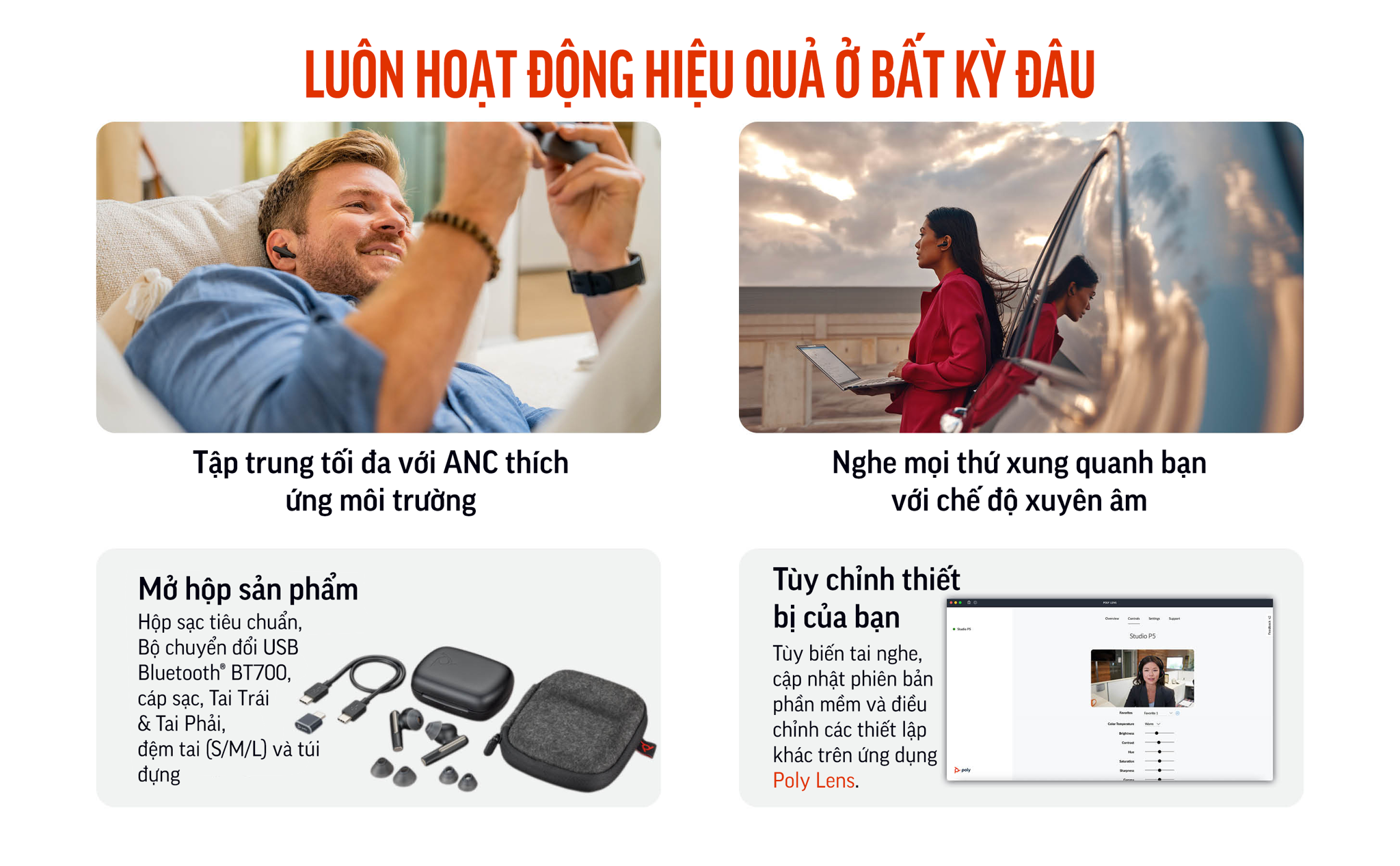 Poly Voyager Free 60+ UC chứng nhận cho Microsoft Teams (HP SKU: 7Y8H0AA ; Poly SKU: 216066-02) được trang bị hộp sạc có màn hình chạm cảm ứng cao cấp. Voyager Free 60+ UC của Poly & HP kế thừa âm thanh đẳng cấp từ Plantronics, ngoài ra còn được nâng cấp các tính năng chống ồn độc quyền từ Poly.