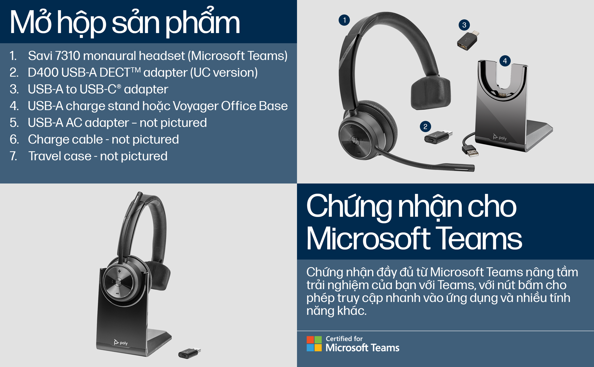 Tai nghe không dây tầm xa chuẩn DECT™ một bên tai tần số 1880-1900 MHz cho Desk Phone và máy tính HP Poly Savi 7310 Office. HP SKU: 8D3G3AA ; Poly SKU: 214778-05.