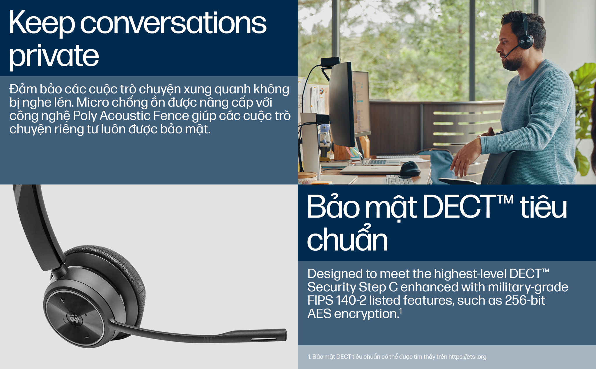Tai nghe không dây tầm xa chuẩn DECT™ một bên tai tần số 1880-1900 MHz cho Desk Phone và máy tính HP Poly Savi 7310 Office. HP SKU: 8D3F7AA ; Poly SKU: 214777-05.