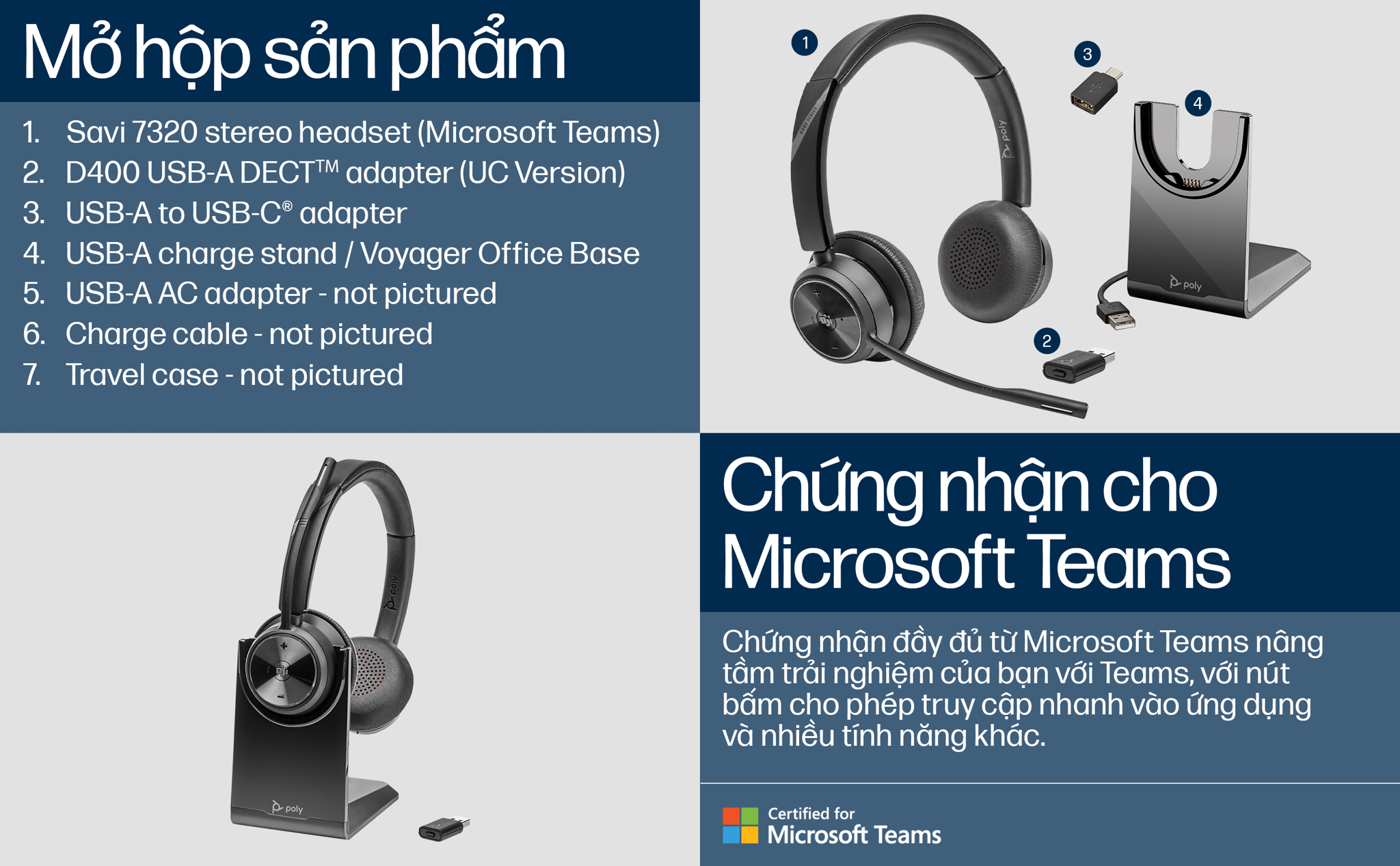 Tai nghe không dây tầm xa chuẩn DECT™ một bên tai tần số 1880-1900 MHz cho Desk Phone và máy tính HP Poly Savi 7310 Office. HP SKU: 8D3F7AA ; Poly SKU: 214777-05.