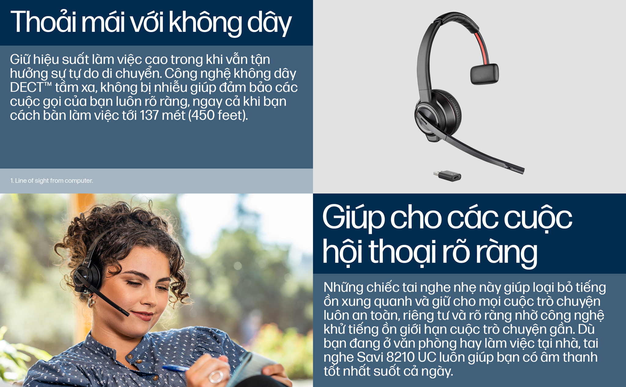 Tai nghe doanh nghiệp không dây tầm xa DECT™ Poly Savi 8210 Series trong môi trường làm việc linh hoạt, cần di chuyển nhiều trong một không gian nhất định. Tai nghe không dây DECT™ một bên tai Poly Savi 8210
