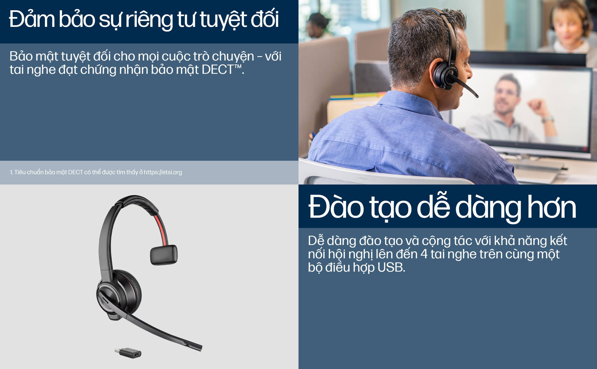 Tai nghe doanh nghiệp không dây tầm xa DECT™ Poly Savi 8210 Series trong môi trường làm việc linh hoạt, cần di chuyển nhiều trong một không gian nhất định. Tai nghe không dây DECT™ một bên tai Poly Savi 8210