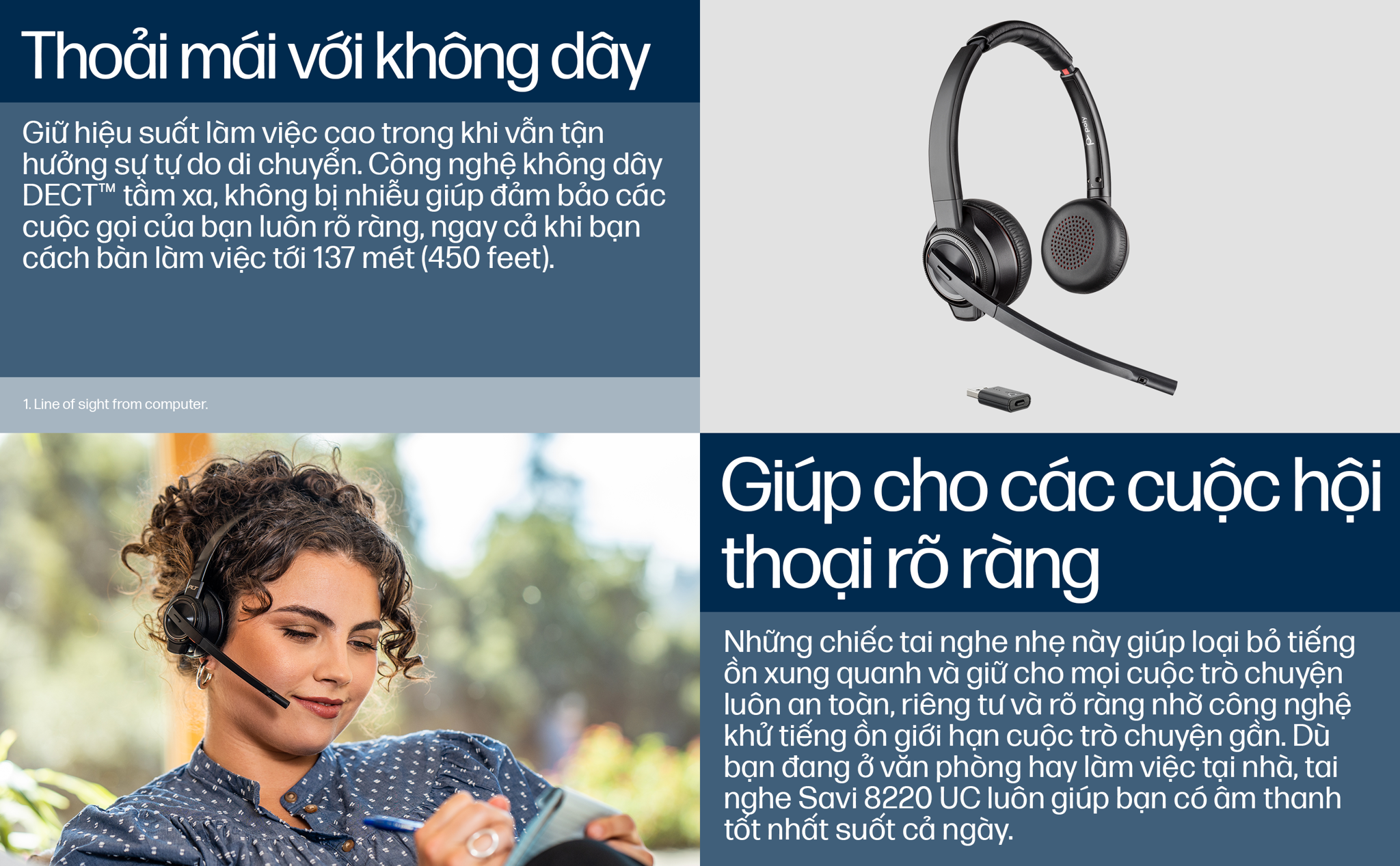 Tai nghe doanh nghiệp không dây DECT™ hai bên tai Poly Savi 8220 UC trong môi trường linh hoạt, cần di chuyển nhiều trong một không gian nhất định. Thời gian đàm thoại lên đến 13 giờ, thời gian chờ lên tới 50 giờ ; Lên đến 7 giờ nói chuyện.