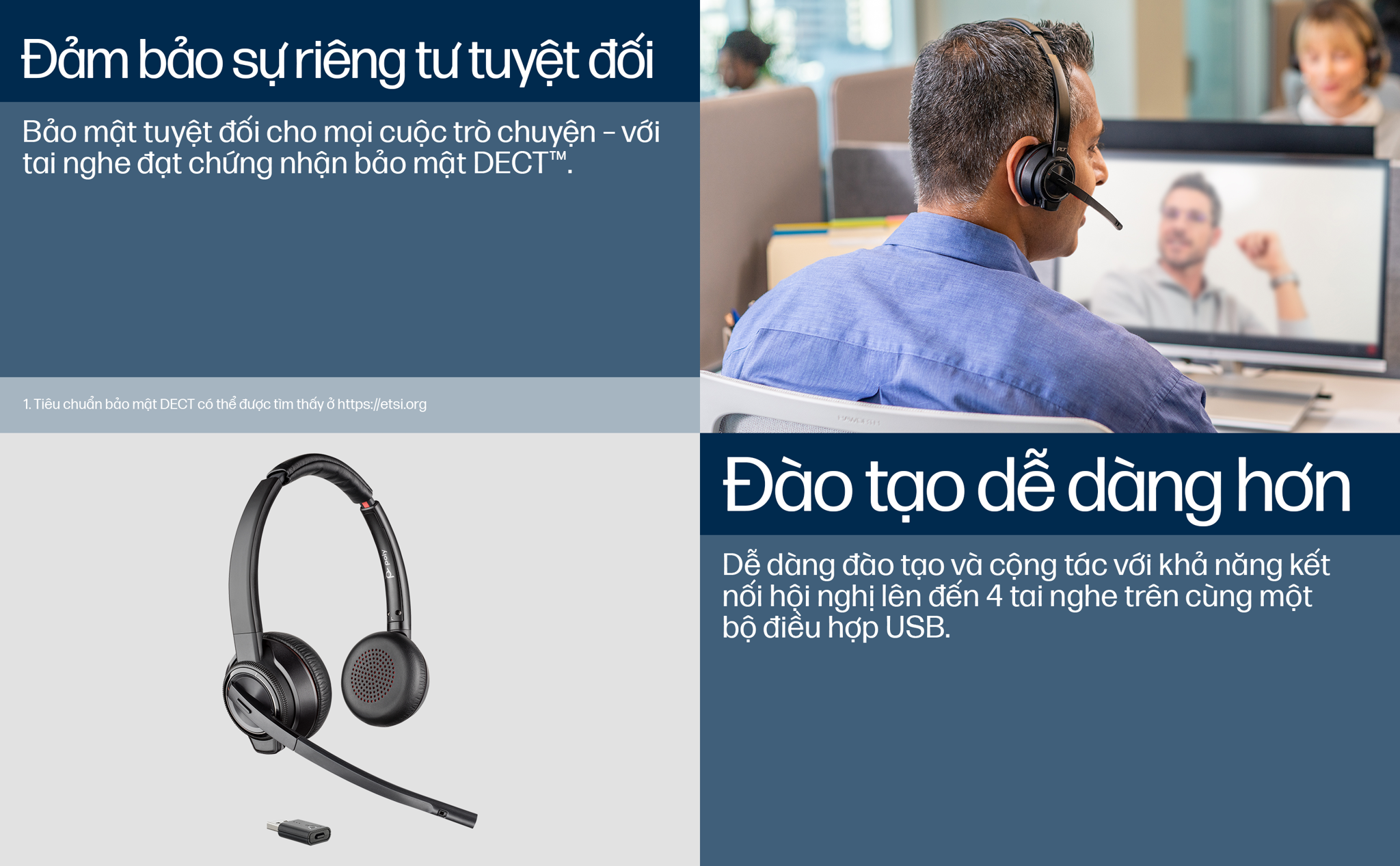 Tai nghe doanh nghiệp không dây DECT™ hai bên tai Poly Savi 8220 UC trong môi trường linh hoạt, cần di chuyển nhiều trong một không gian nhất định. Thời gian đàm thoại lên đến 13 giờ, thời gian chờ lên tới 50 giờ ; Lên đến 7 giờ nói chuyện.