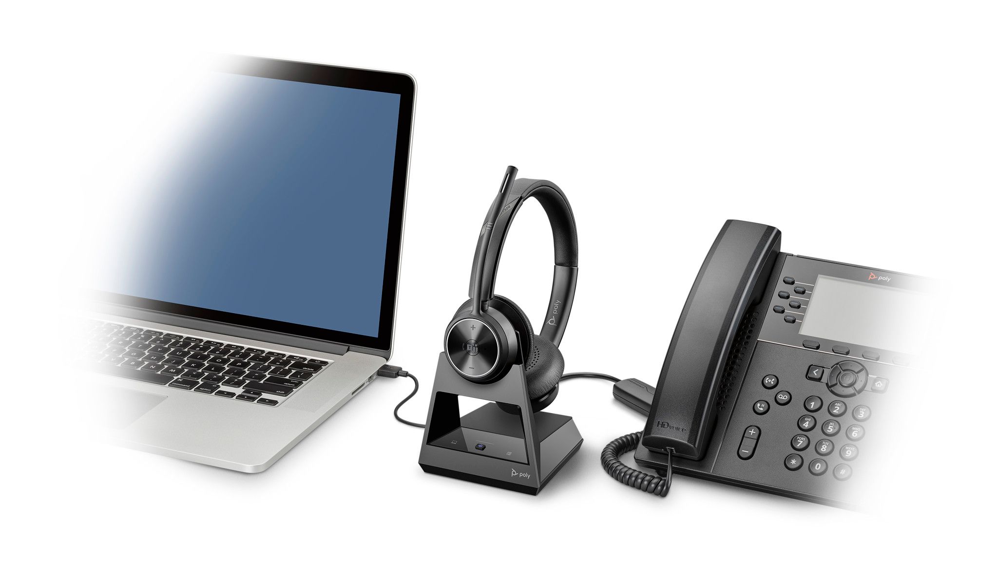 Tai nghe không dây DECT™ cho Desk Phone và PC Poly Savi 7300 Office Series. Với model Poly Savi 7310 Office (Một bên tai) và Poly Savi 7320 Office (Hai bên tai).