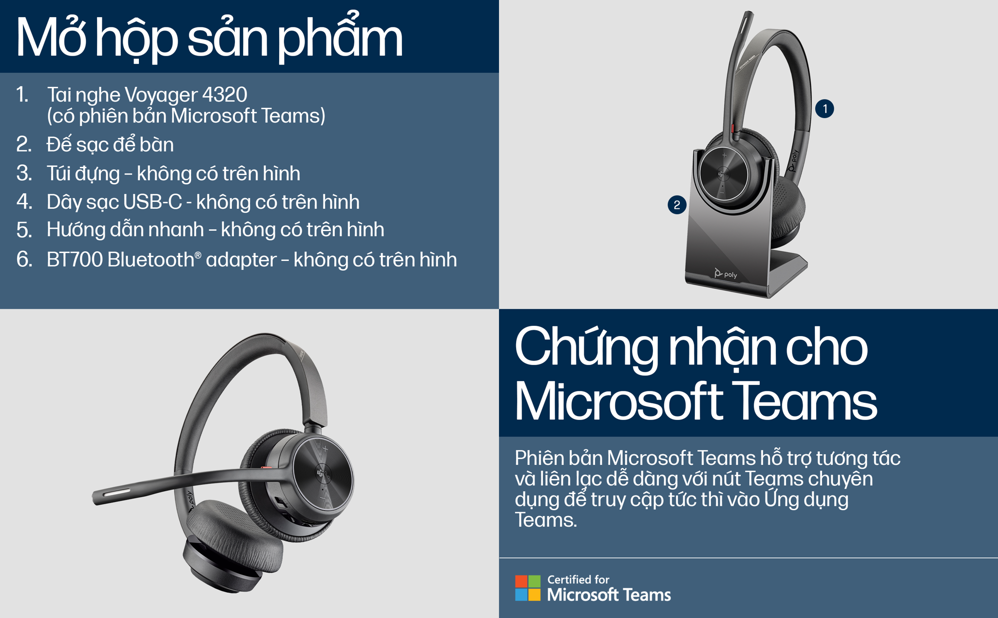 Tai nghe không dây HP Poly Voyager 4320 UC kèm chân sạc đứng chứng nhận cho Microsoft Teams (HP SKU: 77Z00AA ; Poly SKU: 218476-02) với thời gian đàm thoại tới 24 giờ và thời gian nghe 47 giờ (với BT700). Ngoài ra Poly Voyager 4320 có micrô khử tiếng ồn linh hoạt tích hợp công nghệ Acoustic Fence độc quyền của Poly.