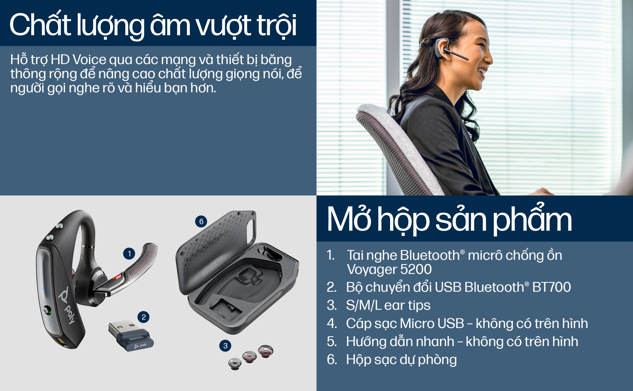 Tai nghe đàm thoại chuyên nghiệp Poly Voyager 5200 UC (Poly SKU: 206110-102 ; HP SKU: 7K2F3AA) kết nối Bluetooth hoặc qua BT700 / BT600, đi kèm là hộp sạc giúp Voyager 5200 UC luôn sẵn sàng. Poly (trước đây là Plantronics, nay là một phần của HP) từng có mặt trong nhiệm vụ mặt trăng lịch sử của NASA: Apollo 11.