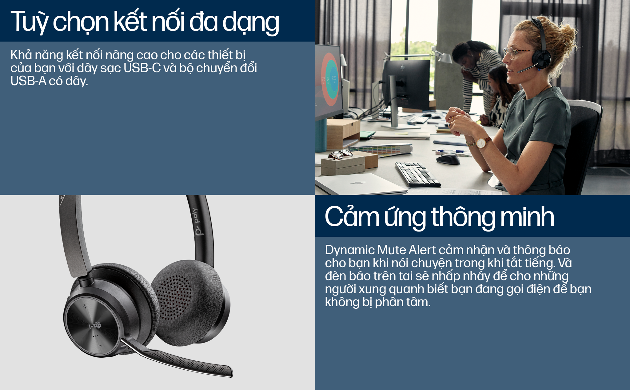 Tai nghe không dây cao cấp HP Poly Voyager Focus 2 UC chứng nhận cho Microsoft Teams (HP SKU: 77Y88AA ; Poly SKU: 214432-02) tích hợp các công nghệ âm thanh tiên tiến như là khử tiếng ồn chủ động cao cấp (Advanced digital hybrid ANC) cho phép tuỳ chỉnh ANC, và công nghệ rào âm thanh (Acoustic Fence) độc quyền của Poly.
