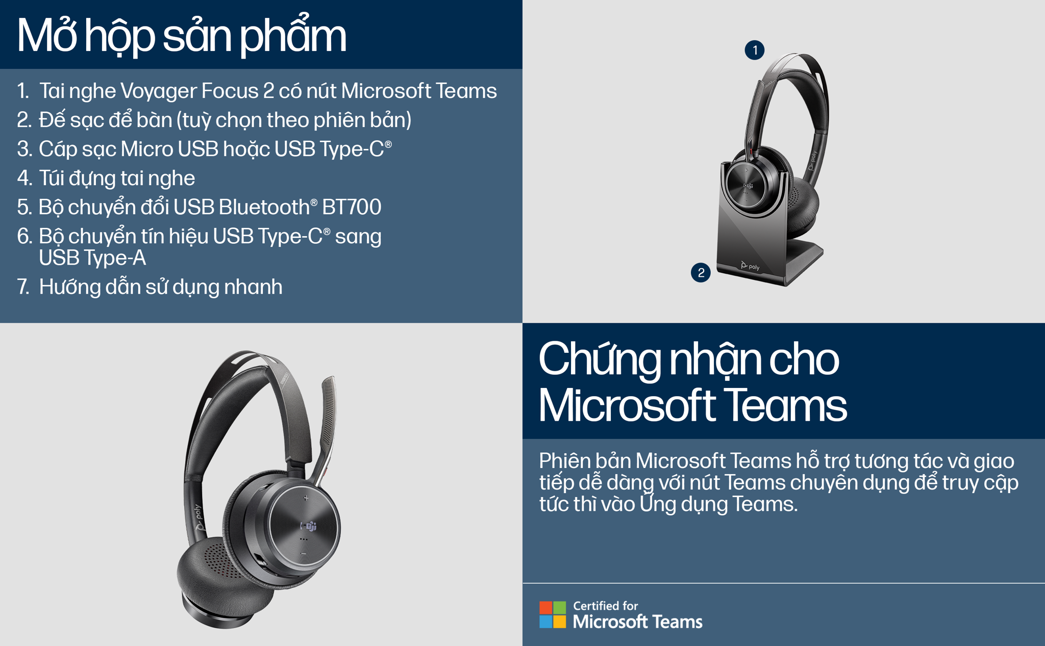 Tai nghe không dây cao cấp HP Poly Voyager Focus 2 UC chứng nhận cho Microsoft Teams (HP SKU: 77Y88AA ; Poly SKU: 214432-02) tích hợp các công nghệ âm thanh tiên tiến như là khử tiếng ồn chủ động cao cấp (Advanced digital hybrid ANC) cho phép tuỳ chỉnh ANC, và công nghệ rào âm thanh (Acoustic Fence) độc quyền của Poly.
