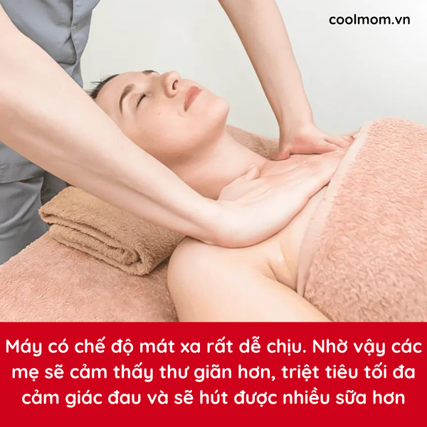 Máy có chế độ mát xa rất dễ chịu. Nhờ vậy các mẹ sẽ cảm thấy thư giãn hơn, triệt tiêu tối đa cảm giác đau và sẽ hút được nhiều sữa hơn