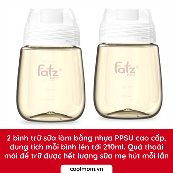 2 bình trữ sữa làm bằng nhựa PPSU cao cấp, dung tích mỗi bình lên tới 210ml. Quá thoải mái để trữ được hết lượng sữa mẹ hút mỗi lần