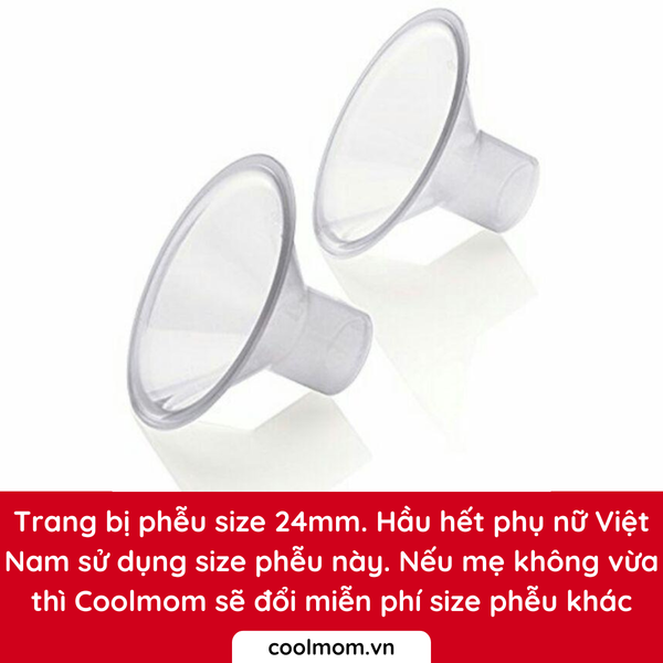 Trang bị phễu size 24mm. Hầu hết phụ nữ Việt Nam sử dụng size phễu này. Nếu mẹ không vừa thì Coolmom sẽ đổi miễn phí size phễu khác