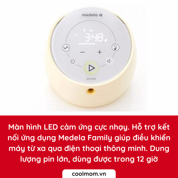 Màn hình LED cảm ứng cực nhạy. Hỗ trợ kết nối ứng dụng Medela Family giúp điều khiển máy từ xa qua điện thoại thông minh. Dung lượng pin lớn, dùng được trong 12 giờ