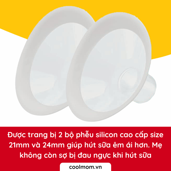 Được trang bị 2 bộ phễu silicon cao cấp size 21mm và 24mm giúp hút sữa êm ái hơn. Mẹ không còn sợ bị đau ngực khi hút sữa