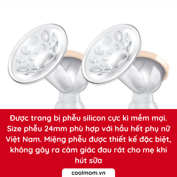 Được trang bị phễu silicon cực kì mềm mại. Size phễu 24mm phù hợp với hầu hết phụ nữ Việt Nam. Miệng phễu được thiết kế đặc biệt, không gây ra cảm giác đau rát cho mẹ khi hút sữa