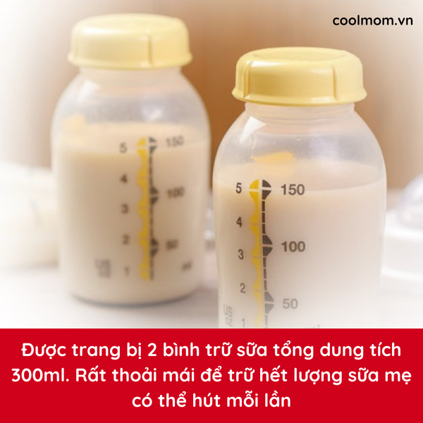 Đi kèm máy là 2 bình trữ sữa tổng dung tích 300ml. Rất thoải mái để trữ hết lượng sữa mẹ có thể hút mỗi lần