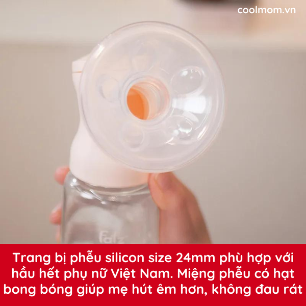 Trang bị phễu silicon size 24mm phù hợp với hầu hết phụ nữ Việt Nam. Miệng phễu có hạt bong bóng giúp mẹ hút êm hơn, không đau rát