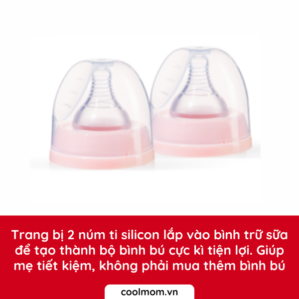 Trang bị 2 núm ti silicon lắp vào bình trữ sữa để tạo thành bộ bình bú cực kì tiện lợi. Giúp mẹ tiết kiệm, không phải mua thêm bình bú