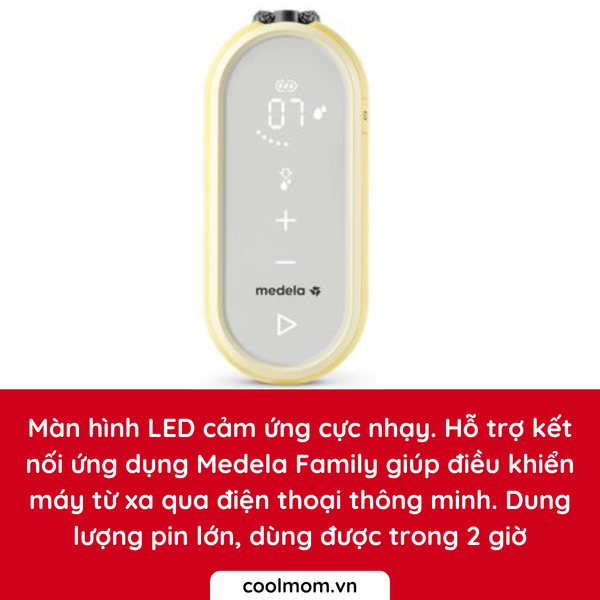 Màn hình LED cảm ứng cực nhạy. Hỗ trợ kết nối ứng dụng Medela Family giúp điều khiển máy từ xa qua điện thoại thông minh. Dung lượng pin lớn, dùng được trong 2 giờ